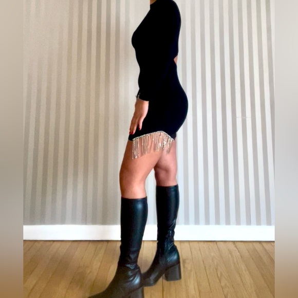 Black Backless Bodycon Mini Dress with Silver Rhinestone Fringe - Picture 2 of 5